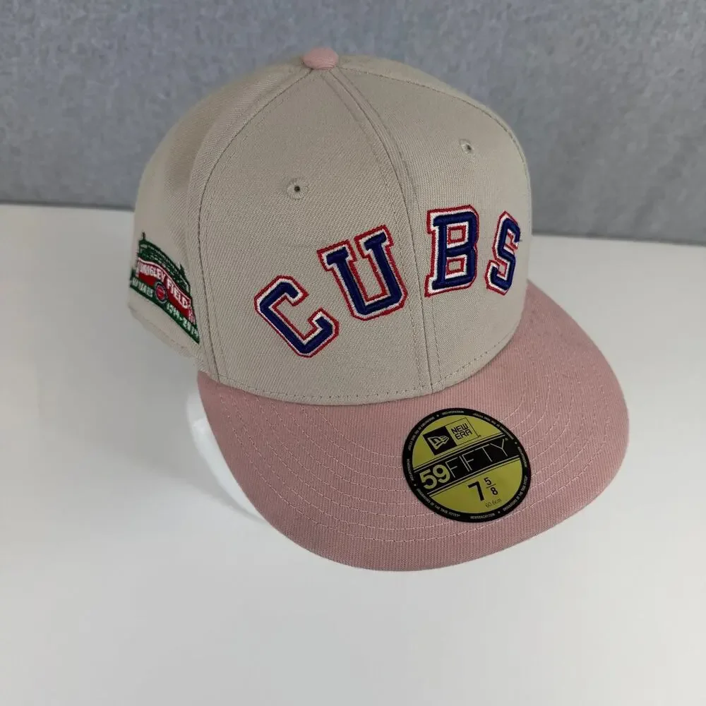 New Era 59FIFTY Chicago Cubs Hat 7 5/8 Tan Pink Cooperstown Wrigley Field 100 Yr